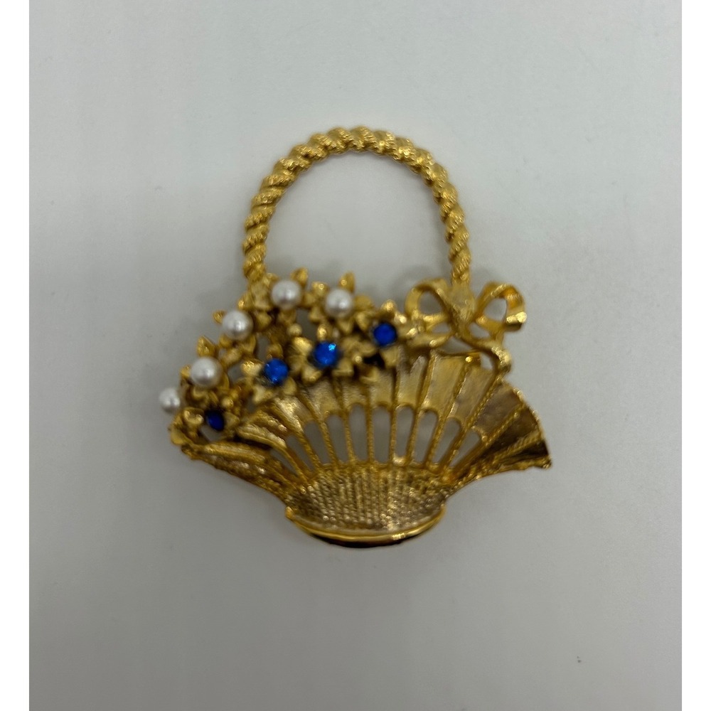 VTG Brooch Women OS Gold Flower Basket Faux Pearl Blue Rhinestone - Picture 2 of 3